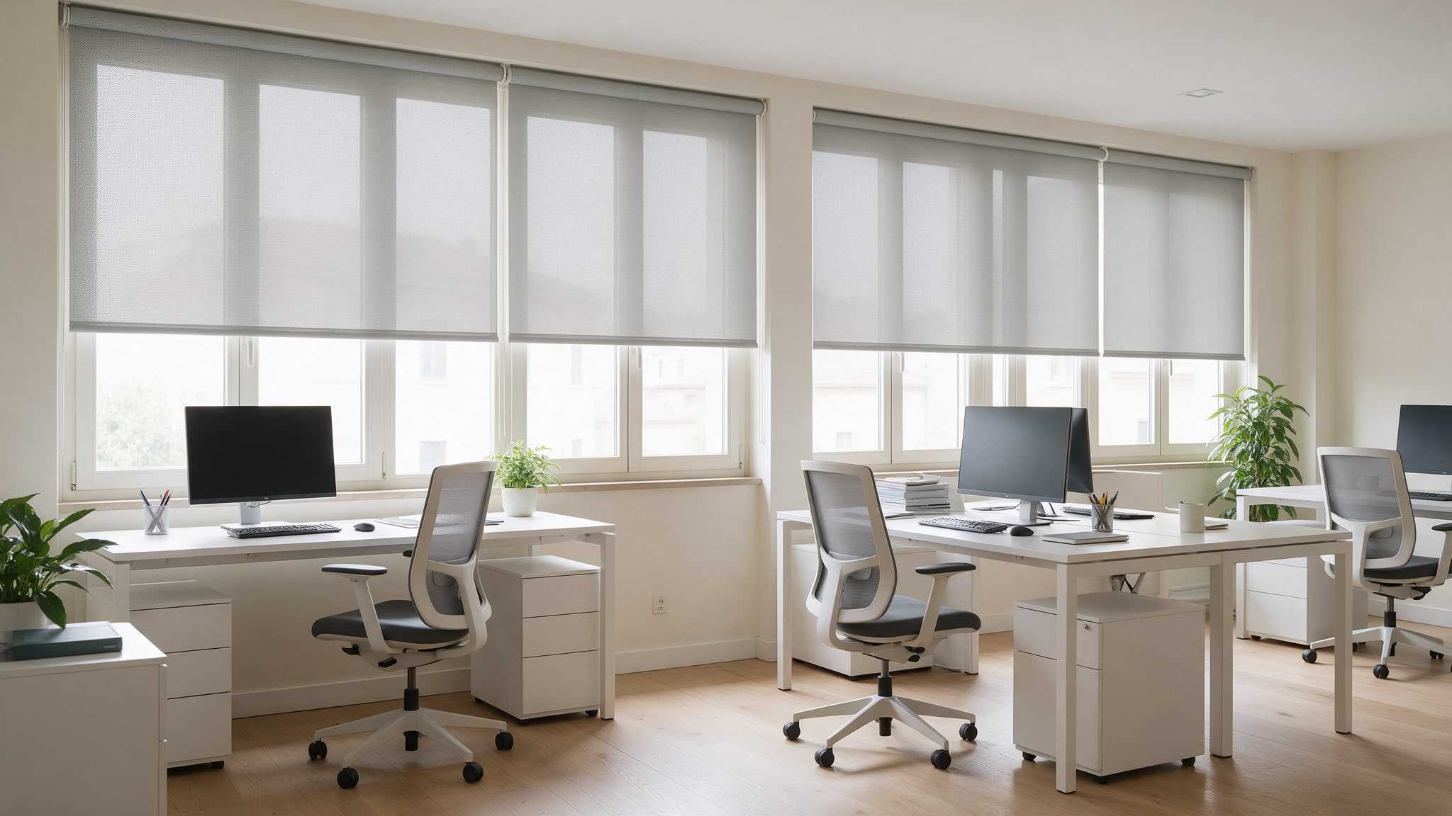 Immagine illustrativa di un ufficio luminoso con tende a rullo screen abbassate a metà