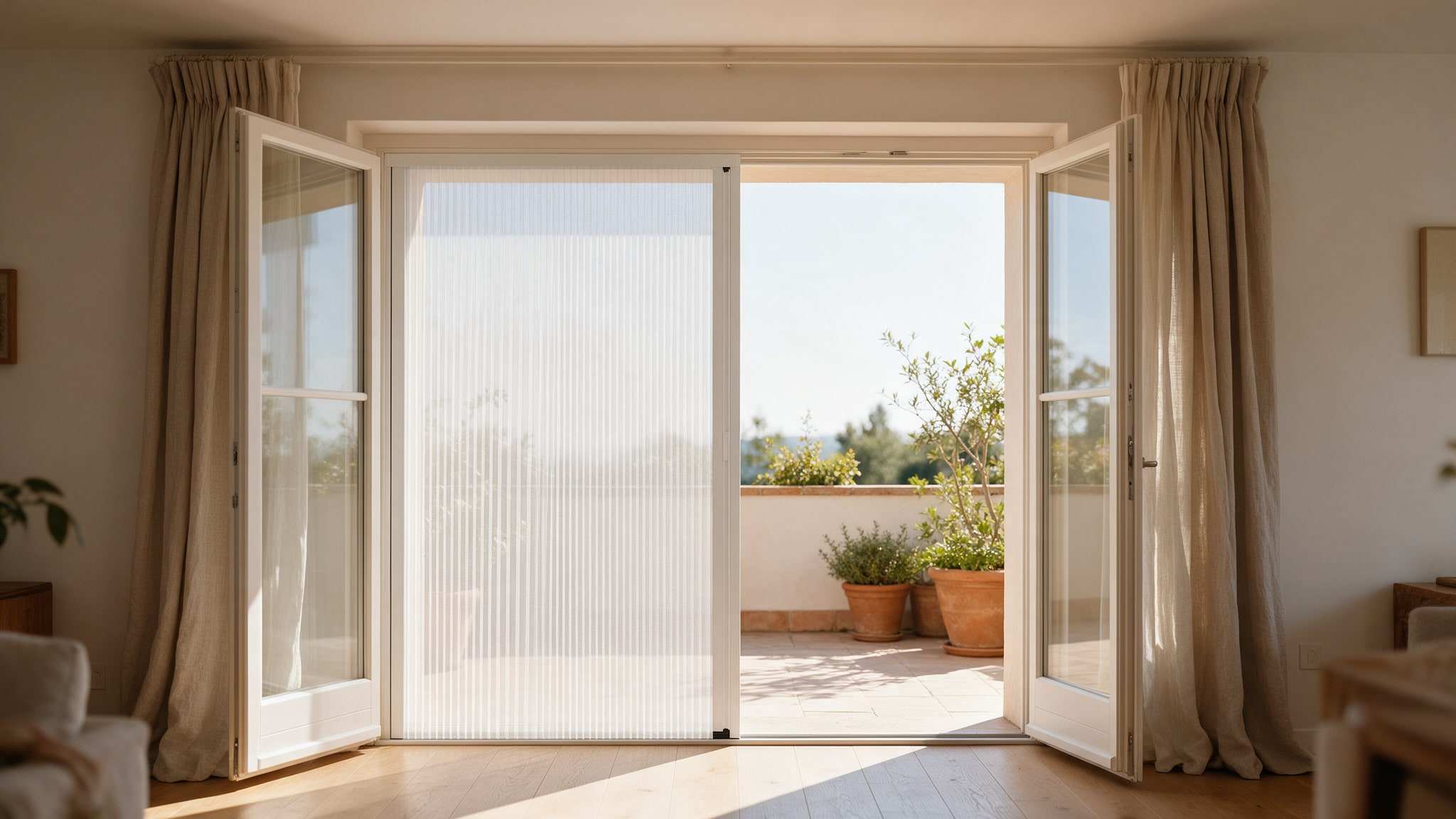 Immagine illustrativa di una zanzariera plissettata su una portafinestra aperta sul terrazzo